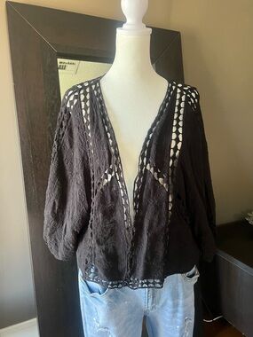 BOHO Black Crochet-Detail Open Front Women's Tunic